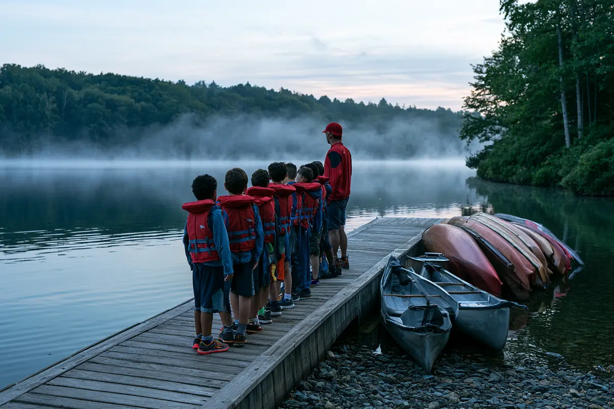 Campers in life jackets lined up with a counselor on a misty lake dock
