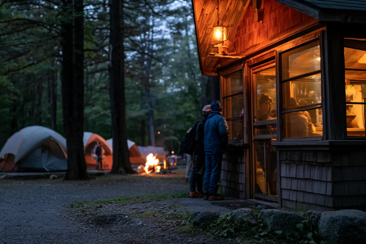 Guests checking in at a campground office window in the evening