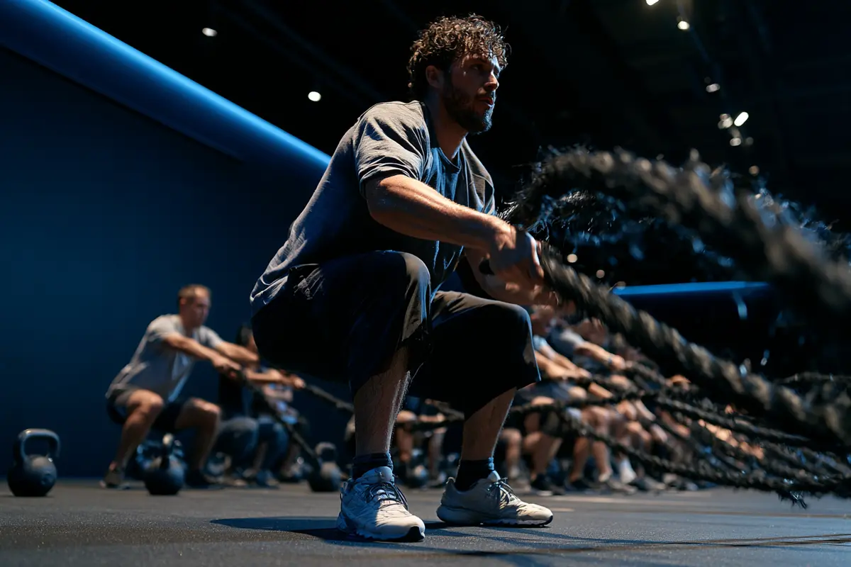 Group fitness class working battle ropes in a dark studio